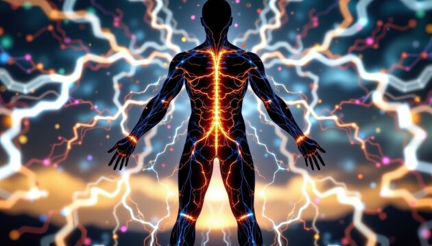 human body silhouette with amperage flowing through nerves, biotech concept