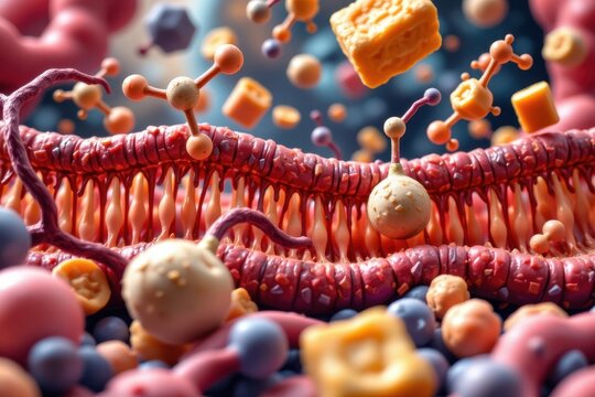 highly detailed of triglyceride molecules interacting with other fats and cholesterol in the body, focused on lipid metabolism.