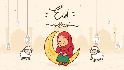 Cute Muslim girl sitting on a decorated crescent moon surrounded by two happy cartoon sheep with Arabic calligraphy “Eid Mubarak” meaning “Blessed Eid” and traditional Islamic lanterns in background