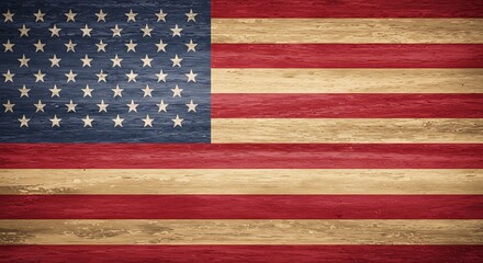 American Flag Crafted from Weathered Wood, Celebrating Patriotic Heritage with Vintage Texture, Evoking Rustic Charm and Nostalgia in Red, White, and Blue