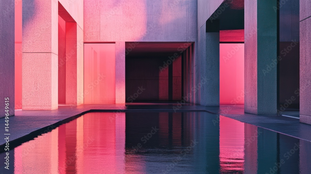 Poster minimalist architecture featuring pink and purple light reflecting on water; ideal for design concep