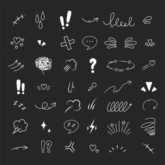 Anime Emotion effect icons. Collection of hand drawn arrows, lines, emphasis, sparkle or sunburst. Vector illustration.