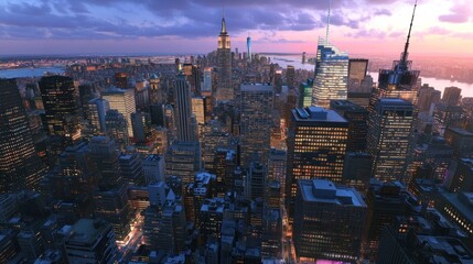 Obraz premium Evening cityscape view of a bustling metropolis.