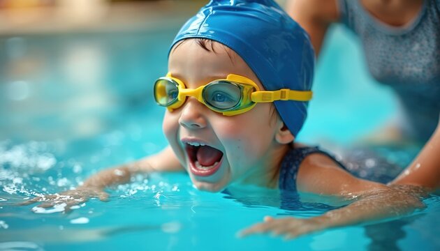 Joyful little boy learns swimming in bright blue water pool wearing goggles and cap. Parent or instructor supports child. Kid happy learning water skills. Swim lesson in action, sunny day.