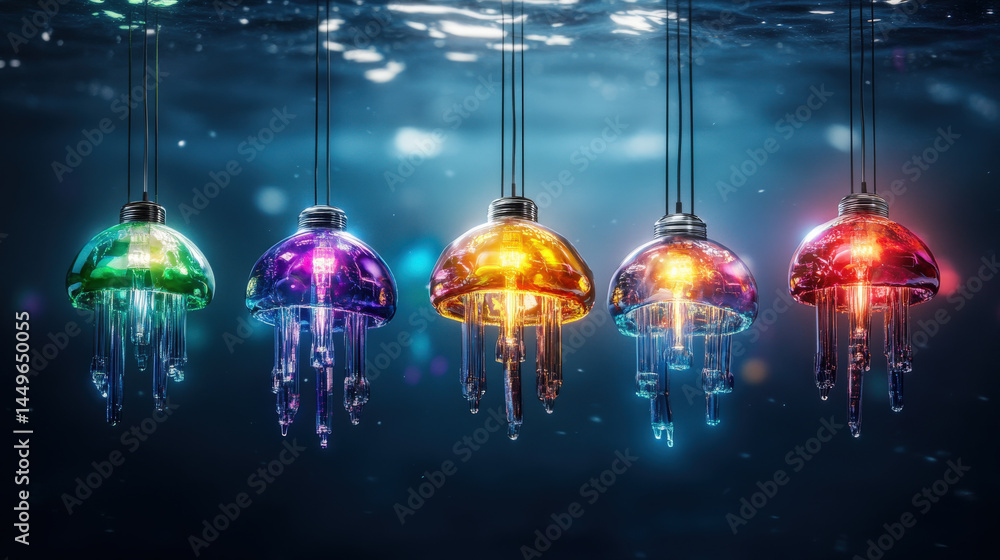 Leinwandbilder Series of vibrant jellyfish shaped light fixtures glow underwater, each displaying different color, creating mesmerizing and surreal atmosphere