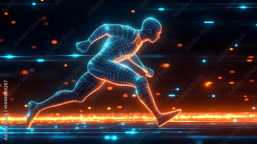 Poster a glowing, wireframe figure sprints forward, showcasing dynamic movement and an energetic design in 