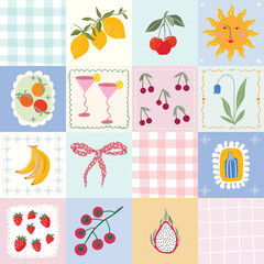Coquette seamless pattern with summer elements, decorative trendy wallpaper with fruits, whimsical background