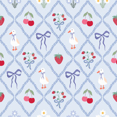 Vintage coquette seamless pattern  with geese, strawberries and cherries, victorian wallpaper, charming background