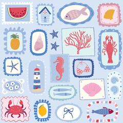 Summer marine seamless pattern, coquette background with stamps, charming wallpaper with lobster, coastal elements