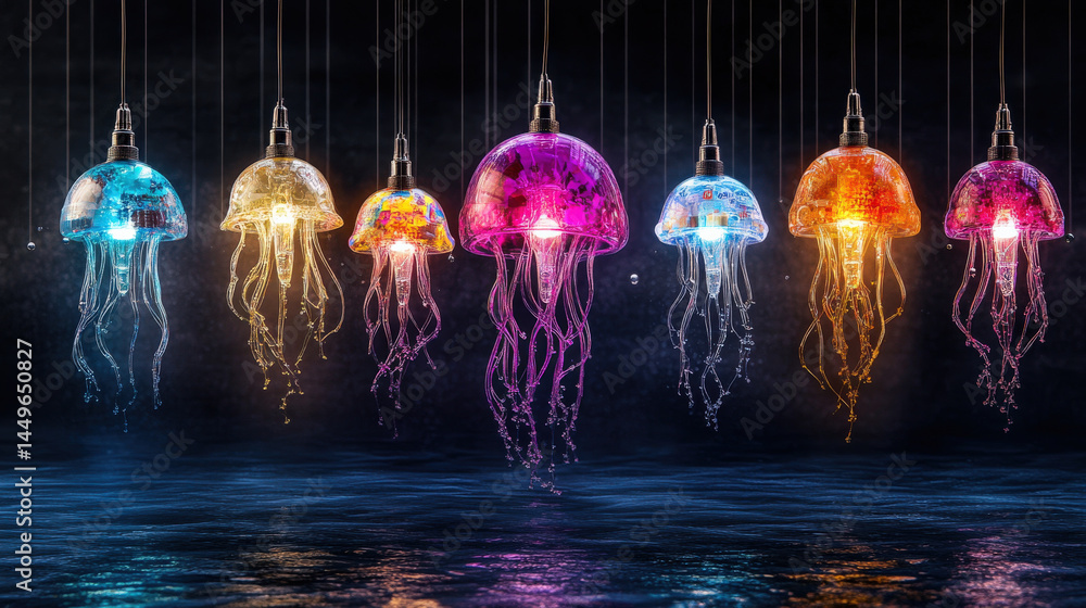 Aufkleber row of colorful jellyfish shaped lights hang over reflective water surface, creating mesmerizing und