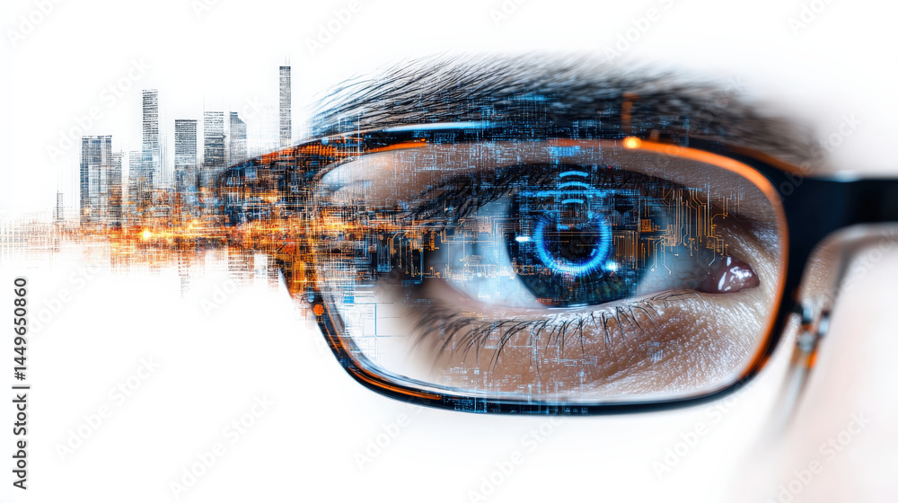 Poster close up of human eye with glasses reflects futuristic cityscape, symbolizing integration of technol