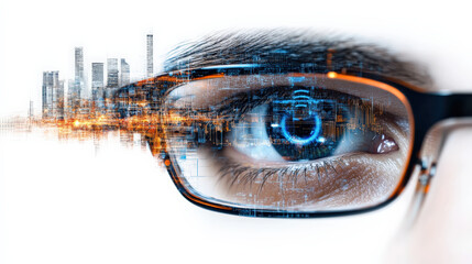 Close up of human eye with glasses reflects futuristic cityscape, symbolizing integration of technology and vision. digital overlay suggests innovation and artificial intelligence
