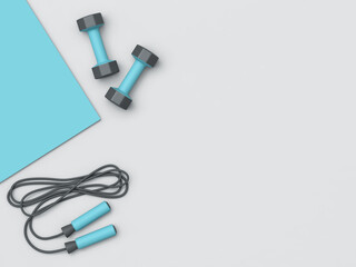 Blue fitness mat, dumbbells and jumping rope isolated on gray background. Top view. Clipping path included