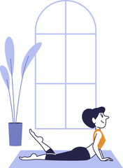 Vector flat illustration of a woman practicing yoga in Cobra Pose (Bhujangasana) at home. Healthy lifestyle, wellness, and self-care concept.