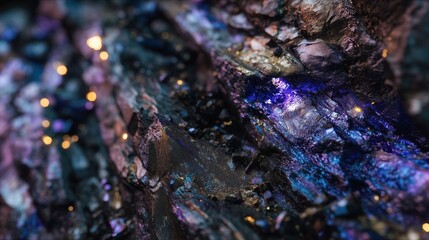 Photorealistic close-up of neodymium ore extraction, glowing blue-purple mineral veins in raw rock face, droplets of water on rock surfaces 