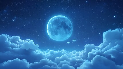 Obraz premium A joyful cartoon moon lying on fluffy clouds surrounded by shimmering stars under a magical night sky