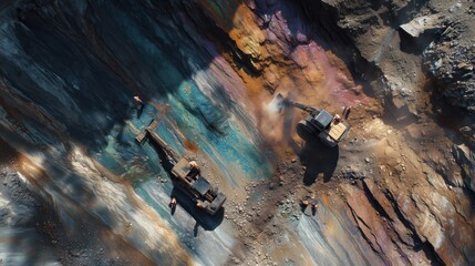 Photorealistic photograph of rare earth mineral excavation, vibrant multi-colored mineral veins exposed in rock face, precision mining equipment, workers for scale