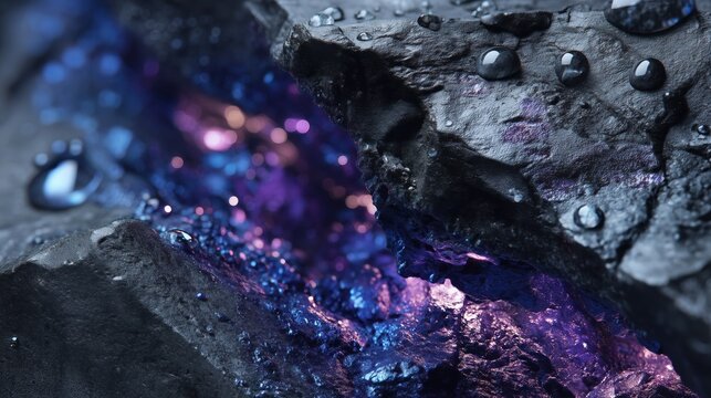 Photorealistic close-up of neodymium ore extraction, glowing blue-purple mineral veins in raw rock face, droplets of water on rock surfaces 