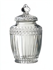 Ornate Clear Glass Jar with Lid on White Background