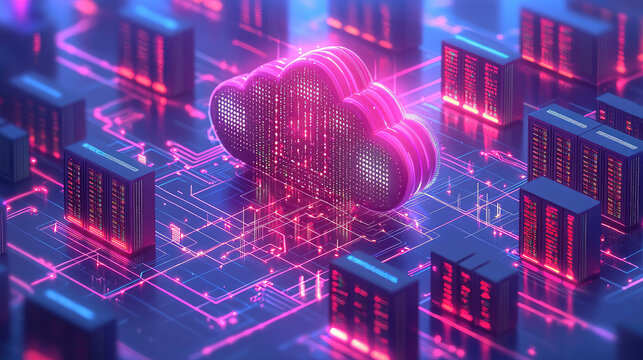 Cloud computing infrastructure, servers, data centers.  Visual representation of cloud technology's integration into server arrays