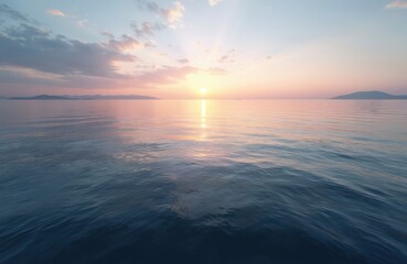 Sunset over ocean, sky, water surface reflects sun. Calm sea landscape, horizon with mountains silhouettes, beautiful pastel colors of dusk, idyllic nature scenery, travel background, serene