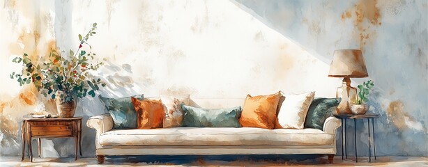 Watercolor Old wooden chair inside a cozy morning-lit wooden house interior