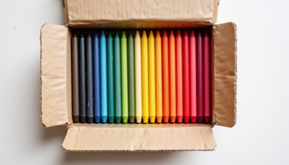 Fototapeta premium a top down view of an open box of crayons with a classic cardboard holder, each color lined up perfectly