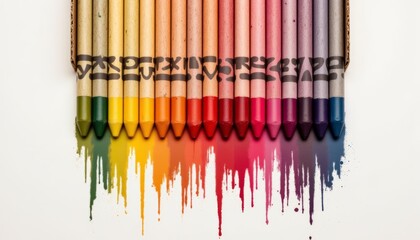 a top down view of an open box of crayons with a classic cardboard holder, each color lined up perfectly