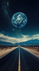 Desert road leading to a large blue planet in a starry night sky.