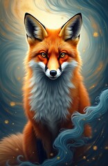Obraz premium Majestic fox portrait. Artistic representation of nature beauty. Ethereal swirls with vibrant colors. Orange fur, captivating gaze, detailed texture, fantasy expression.