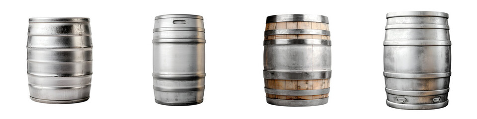Fototapeta premium Assorted metal and wooden alcohol barrels for drinks production.