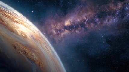 Fototapeta premium Majestic view of Jupiter's swirling atmosphere against the backdrop of a vibrant galaxy. A cosmic spectacle of swirling colors and celestial wonders.