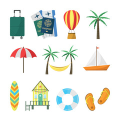 A set of icons depicting a boat, palm trees, flip-flops and many other items.