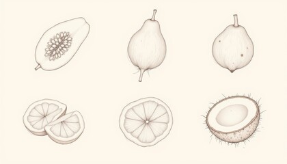a highly detailed set of hand drawn tropical fruit illustrations, featuring papaya, dragon fruit, passion fruit, and coconut