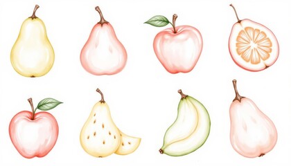 a set of tropical fruit elements, outlined with fine ink style strokes and filled with watercolor textures