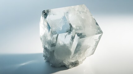 Obraz premium A single cryolite crystal with a transparent to white color and a glassy luster. The crystal is cubic in shape, with smooth surfaces and sharp edges. The background is neutral