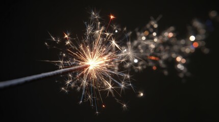 A bright sparkler burns against a dark background, casting a warm glow and creating a magical, celebratory atmosphere.