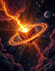 glowing inverter cube orbiting central solar source in abstract cosmos