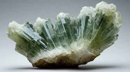 A single wavellite crystal with a green to white color and a vitreous luster. The crystal is radial in shape, with smooth surfaces and fine needle-like structures. The background is neutral
