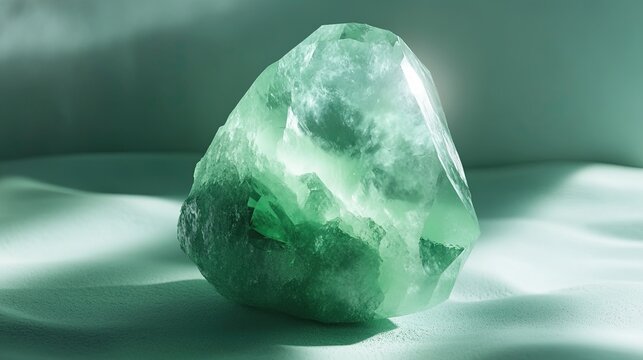 A single variscite crystal with a green color and a waxy luster. The crystal is nodular in shape, with smooth surfaces and natural imperfections. The background is soft