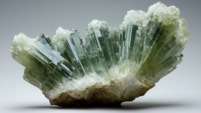 A single wavellite crystal with a green to white color and a vitreous luster. The crystal is radial in shape, with smooth surfaces and fine needle-like structures. The background is neutral