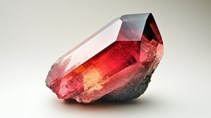 A single selenium crystal with a red to gray color and a metallic luster. The crystal is trigonal in shape, with smooth surfaces and sharp edges. The background is neutral