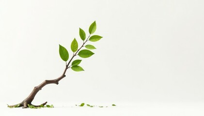 Single branch leaning against a white background with a few scattered leaves, branch, tree