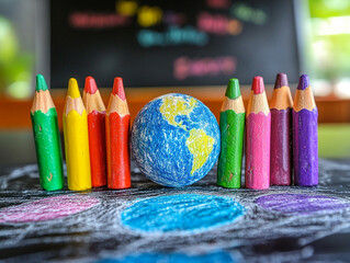 Colorful Crayons Frame Global Earth: A Whimsical Educational Scene