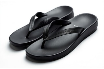 Single black flip-flop, sole up, white background, minimal, footwear detail, shoe photography