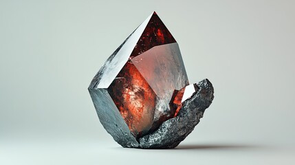 A single selenium crystal with a red to gray color and a metallic luster. The crystal is trigonal in shape, with smooth surfaces and sharp edges. The background is neutral
