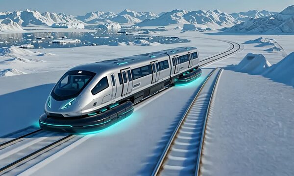 Futuristic hovercraft train glides across a snow-covered landscape with icy mountains in the background