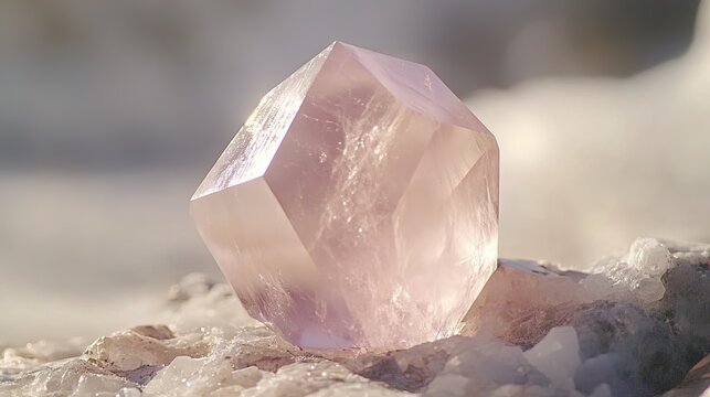 A single poudretteite crystal with a pale pink color and a glassy luster. The crystal is hexagonal in shape, with smooth surfaces and sharp edges. The background is soft