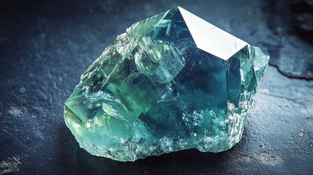 A single serendibite crystal with a blue-green color and a vitreous luster. The crystal is triclinic in shape, with smooth surfaces and sharp edges. The background is dark