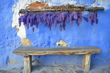 Purple Grapes on Blue Wall, Rustic Bench